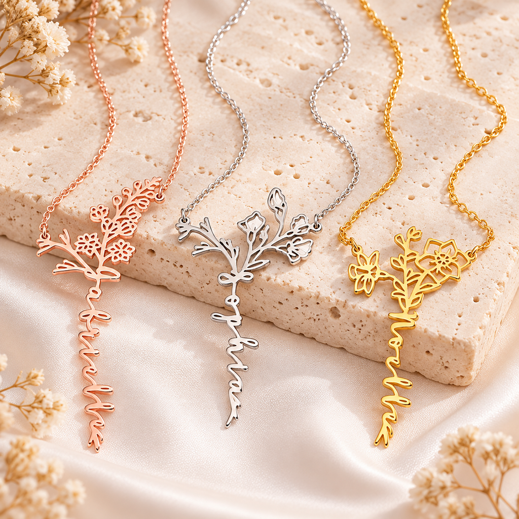 Personalized Birth Flower Name Necklace